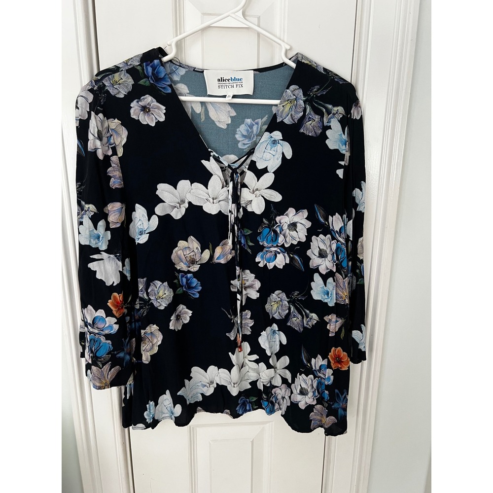 Alice Blue Stitch Fix Floral Lace Up V-Neck Blouse Navy Blue XL